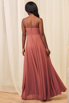 Lovely Rusty Rose Dress - Maxi Dress - Gown - Bridesmaid Dress - Lulus Pink V-neck Maxi Dress With Pleated Bodice, Chiffon Maxi Dress With Lined Bodice For Wedding, Chiffon Maxi Dress For Wedding With Lined Bodice, Floor-length Chiffon Dress With Fitted Bodice, V-neck Maxi Dress With Ruched Bodice For Bridesmaid, Chiffon Maxi Dress With Ruched Bodice And V-neck, Pink Maxi Dress With Ruched Bodice, Chiffon Maxi Dress With Fitted Bodice For Gala, Floor-length Chiffon Gown With Ruched Bodice