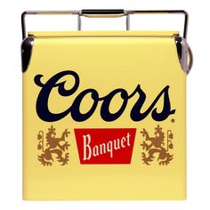 a yellow cooler with the word coors banquet on it's front and side