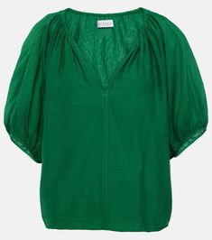 Kristen cotton and silk blouse in green - Velvet | Mytheresa Silk V-neck Top With Blouson Sleeves, Silk Blouse With Blouson Sleeves And V-neck, Spring Linen Tops With Blouson Sleeves, Green Viscose Blouse For Work, Green Viscose Workwear Blouse, Summer Linen Tops With Blouson Sleeves, Green V-neck Blouse With Blouson Sleeves, Relaxed Fit Cotton Blouse With Blouson Sleeves, Cotton Blouse With Blouson Sleeves In Relaxed Fit