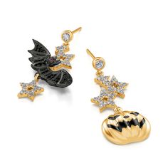 When the Halloween is coming, we all play trick or treat. Wear these Halloween bat&pumpkin asymmetrical earrings and dress up fancily as a ghost, we'll knock on the door, to see who you scare the most. This pair of earrings is a magic gift for someone who want to be brave, courageous and have enjoy a wonderful night on Halloween. Crafted in sterling silver, one features a bat with three shimmering stars and another one features a pumpkin with three shimmering stars. Treat yourself or surprise he Whimsical Black Earrings For Party, Whimsical Black Party Earrings, Spooky Halloween Party Jewelry, Witchy Halloween Party Earrings, Unique Silver Halloween Jewelry, Vintage Sterling Silver Halloween Jewelry, Halloween Sterling Silver Dangle Jewelry, Silver Moon-shaped Halloween Jewelry, Halloween Silver Drop Earrings