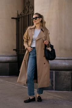 Fashion Jackson Wearing MAYSON the label Long Trench Coat Grey Tee AGOLDE Jeans Celine Black Loafers Bottega Veneta Black Teen Jodie Street Style Outfit Spring Outfit Trench Coat Outfit, jeans and trench coat outfit