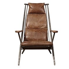 a brown leather chair sitting on top of a white floor next to a metal frame