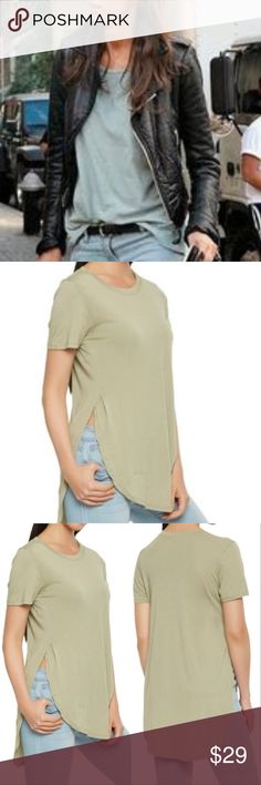 Sage Green Soft Comfy T- shirt Top Get back to the basics with this Causal sage Short Sleeves, Scoop Neck, high slits details T-Shirt.  Model:, Bust 32", Waist 24" , Hips 36" Material: 51% Cotton, 49% Modal   search: basic tops for women basic tees trends for women best basic tops basic tees basics tops t-shirt shirt casual ladies blue short sleeves affordable 2019 t-shirts trending fall fashion winter fashions unique comfortable everyday wear in style MODA ME COUTURE Tops Tees - Short Sleeve Basic Tops For Women, Shirt Model, Green Soft, Women Best, Couture Tops, Fashion Winter, Fall Fashion Trends, Basic Tops, Basic Tees