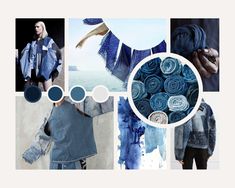 a collage of photos with different colors and patterns on them, including denim jackets