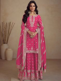 Pink and Majenta color Salwar Kameez in Silk fabric with Embroidered, Sequence work.  Shop @ https://www.indianweddingsaree.com/product/silk-party-wear-salwar-kameez-in-pink-and-majenta-with-sequence-work-1969619 Plus Size Party Wear, Fit At 40, Designer Ready To Wear, Festival Mode, Sequence Embroidery, Palazzo Suit, Sharara Suit, Western Dress, Silk Bottoms