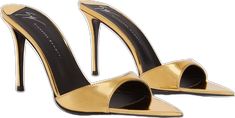 Luxury High Heel Mules For Night Out, Elegant Gold Slides For Spring, Elegant Gold Open Toe Slides, Luxury Metallic Open Toe Mules, Sleek Open Toe Mules For Party, Designer High Heel Mules For Night Out, Luxury Pointed Toe Mules For Night Out, Luxury Slides With Padded Heel, Luxury Mules With Padded Heel For Night Out