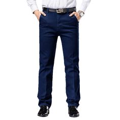 Product information: Color: DK 8030 dark blue Elasticity: Micro elasticity Pants length: trousers Waist type: high waist Size: 28, 29, 30, 31, 32, 33, 34, 35, 36, 38, 40, 42 Fly opening: zipper fly Fabric name: denim Applicable scenarios: Leisure Applicable Gender: Male Pants type: wide tube Suitable season: Autumn Style: Casual Size: Note: 1. Asian sizes are 1 to 2 sizes smaller than European and American people. Choose the larger size if your size between two sizes. Please allow 2-3cm differen Slim Fit Full Length Denim Blue Bottoms, Denim Blue Slim Fit Full-length Bottoms, Denim Blue Slim Fit Full Length Bottoms, Blue Slim Fit Jeans For Business Casual, Slim Fit Denim Blue Bottoms With Pockets, Blue Straight Fit Pants With Tapered Leg, Blue Pants With Straight Fit And Tapered Leg, Denim Blue Slim Fit Bottoms For Work, Blue Tapered Leg Pants With Straight Fit