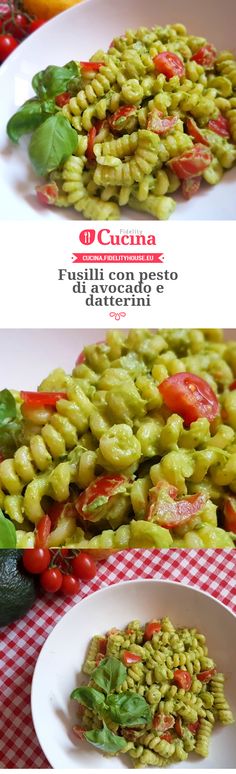 two plates filled with pasta and vegetables on top of a checkered table cloth