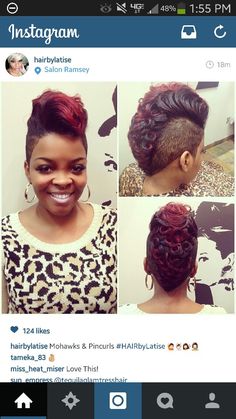 Love this ! Mohawk and pin curls Short Mohawk, Natural Hair Haircuts, Shaved Side, Woman Hairstyles, Fresh Cuts, Curly Crochet Hair Styles