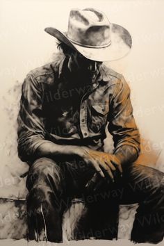 a painting of a man wearing a cowboy hat sitting on a bench with his hands in his pockets