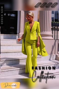 Lapel Irregular Large Swing Sleeve Blazer+flared Pants Work Set Chic Flared Party Sets, Chic Flare Sets For Party, Fitted Wide-leg Spring Sets, Stretch Wide Leg Pants With Flared Hem For Spring, Spring Stretch Wide Leg Pants With Flared Hem, Chic Party Flares With Flared Hem, Chic Non-stretch Wide Leg Sets, Spring Wide Leg Stretch Sets, Spring Party Wide-leg Pantsuit