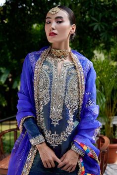 Buy Atelier Shikaarbagh Blue Silk Tissue Zardozi Embroidered Kurta Gharara Set Online | Aza Fashions