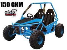 a blue dune buggy with four seats and two wheels on the front is shown