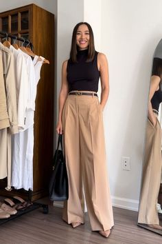 White High Neck Top Outfits, Sleeveless Work Outfit, Tan Pants Outfit Work Business Casual, Tan Slacks Outfit Women, Sleeveless Mock Neck Top Outfits, Slacks Outfit Formal, Mock Neck Tank Outfit, Tan Trousers Outfit Women, Work Tops For Women Office Style