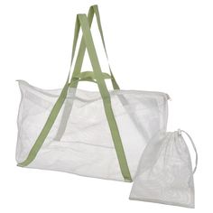 two white bags with green handles and straps on the sides, one in mesh material