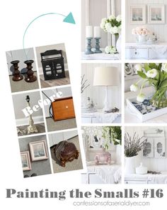 a collage of photos with white flowers and pictures on the wall in different rooms