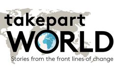 the logo for take part world stories from the front lines of change, with a map in the background