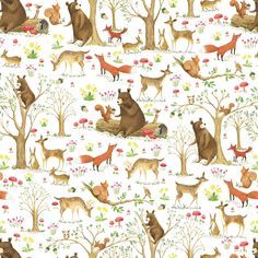 an animal themed wallpaper with many different animals in the woods and flowers on it