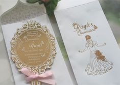 two wedding cards with the bride and groom's names on them, sitting next to each other