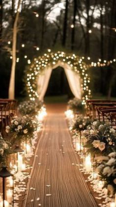 Candle Light Wedding Aisle, Night Time Ceremony Wedding Ideas, Small Outdoor Wedding Ideas Budget, Outdoor Decor Engagement, Candle Aisle Wedding Outdoor, Wedding Decor Aisle Walkways, Wedding Ceremony Lighting, Wedding Theme Ideas Elegant Fall, Outdoor Lighting For Wedding