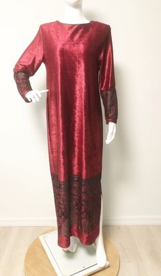 This is a full length panne velvet hostess gown by Ruth Norman from Neiman Marcus. The burnout velvet resembles a Moroccan print. The print area on the bottom of the gown and the cuff are both see through. The dress goes over the head and closes in the back with three jet like buttons. Shoulder pads and side slits. Size tag S. Check measurements carefully. No stretch. The dress is NOS, and is unworn condition. Measurements taken with dress laying flat and doubled where appropriate. In order to d Red Floor-length Velvet Dress, Velvet Burgundy Dress, Red Beaded Dress, Hostess Gown, Moroccan Print, Armani Collection, Velvet Burnout, Burnout Velvet, Satin Shoes