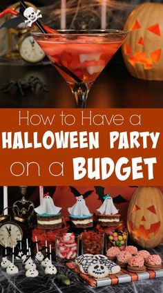 a halloween party on a budget with drinks and treats in the foreground, an orange cocktail glass filled with spooky candies