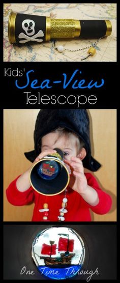 a kid looking through a telescope at the ocean and pirate ship on it's side