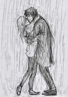 a drawing of two people walking in the rain with an umbrella over their heads and one person hugging