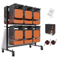 an orange and black rack with several chairs on wheels next to a white card board