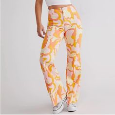 Free People Crvy Wild Honey Flare Flower Power Peach Pink Orange. New Without Tags! The Perfect Pair Of Flares From The Crvy Collection Featured In A High-Rise, Pull On Silhouette And Semi-Stretch Denim Fabrication For A Forever Flattering Fit. Yoking At Back For Shape High-Rise Design Raw Bottom Hem The Crvy Collection By We The Free Retro Pink Bottoms With Floral Print, Retro Pink Floral Print Bottoms, Fitted Apricot Bottoms For Summer, Pink Floral Non-stretch Bottoms, Feminine Fitted Multicolor Bottoms, Super Flare Jeans, Wild Honey, Free Jeans, Pull On Jeans