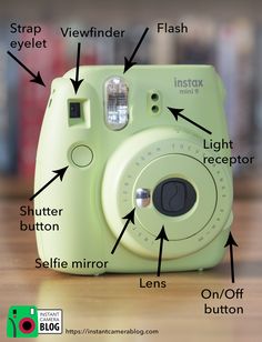 an instax camera labeled with the parts labelled