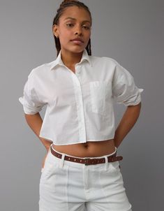 AE Cropped Perfect Button-Up Shirt Classic Cropped Button-up Shirt With Button Cuffs, Spring Workwear Cropped Shirt, Classic Cropped Shirt, Cropped Button Shirt For Daywear, Cropped Spring Shirt For Everyday, Classic Cropped Shirt For Daywear, Everyday Cropped Spring Shirt, Chic Cotton Cropped Shirt For Summer, Chic Cropped Button-up Shirt With Relaxed Fit