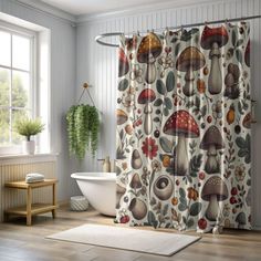 a bathroom with a shower curtain that has mushrooms on it and plants in the background