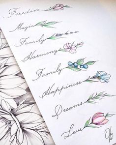 two sheets of paper with flowers and leaves on them, one has the word love written in cursive writing