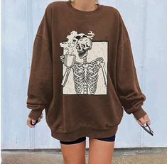 get the stylish clothes here(link) Brown Sweatshirt, Jumper Style, Halloween Long Sleeve, Skeleton Print, Sweatshirts Pattern, Euro Style, Stylish Clothes For Women, Branded Sweatshirts, Style Women