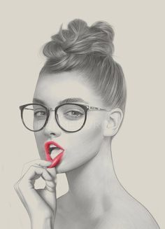 a pencil drawing of a woman with glasses holding her lip up to her mouth and looking at the camera