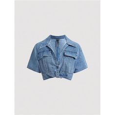 -Item Id 27317220 -Details: Button, Pocket, Zipper -Neckline: Collar -Placket: Single Breasted -Sleeve Type: Regular Sleeve -Style: Casual -Type: Shirt -Color: Blue -Pattern Type: Plain -Sleeve Length: Short Sleeve -Fit Type: Loose -Length: Crop -Material: Denim -Composition: 75% Cotton, 19% Polyester, 6% Viscose -Care Instructions: Machine Wash, Do Not Dry Clean -Sheer: No -Fabric: Non-Stretch -Body: Unlined -Temperature: Spring/Fall (18-25/63-77) **Open To Offers!!!** **Bundle To Save More** * Cropped Denim Top With Buttons, Cropped Denim Top For Workwear, Casual Cropped Denim Top With Buttons, Cropped Denim Top With Button Closure, Cropped Denim Blue Top With Button Closure, Side Tie Shirt, Tie Shirt, Red Fits, Tie Front Cardigan