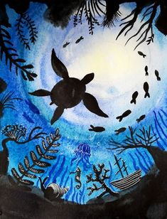 a painting of a turtle swimming in the ocean