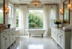 a large bathroom with a tub and chandelier