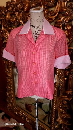 "This beautiful blouse is from the 50's.  Made of a red and white textured nylon. Excellent condition.  It has a double collar with a sheer white layer that gives the illusion that is is pink. The same detail is on the split cuffs of the sleeves. Button details on the sides of the hips.  This is a beautiful piece.  Best fit would be an XL or 1X, however, please see the measurements below for a proper fit.  All sales are final. Measurements Armpit-armpit doubled 46\" Waist 36\" Length 23\"" Double Collar, Quirky Fashion, Beautiful Blouses, White Fashion, Womens Clothing Tops, Shirt Style, Blouses For Women, Red White, Red And White