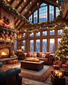 a living room filled with lots of furniture and christmas lights on the windows sill