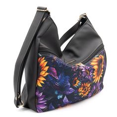 Black 3in1 Convertible Shoulder Bag, Stylish Backpack Purse with Sunflower Design, Large Crossbody Bag, VLightweight Hobo Bag with Zipper