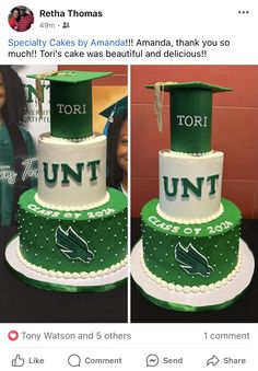 two photos of a cake with the words unt on it and graduation caps on top