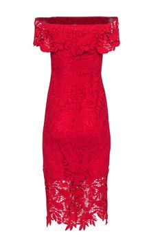 This flattering Shoshanna dress is sure to be the life of the party! Show off your style in this red crochet lace midi dress, complete with an off-the-shoulder look that will make you the center of attention. For a fun filled night out, pair it with a chic clutch and black pumps! Size 0 100% Polyester Fully lined Invisible zipper back Cap sleeve Bust 32" Waist 29" Shoulder to hem 45" Shoshanna Dress, Lace Off The Shoulder Dress, Red Crochet, Life Of The Party, Buy Shoes Online, Off The Shoulder Dress, Lace Midi, Lace Midi Dress, Red Lace