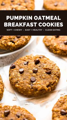 pumpkin oatmeal breakfast cookies with chocolate chips on top and the title overlay