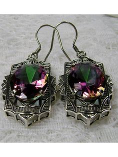 Mystic Topaz earrings, Silver art deco filigree, traditional wires Art Deco Silver Amethyst Jewelry, Art Deco Silver Gemstone Earrings, Art Nouveau Gemstone Jewelry, 1930s Brooch, Art Deco Multi-stone Collectible Jewelry, Mystic Topaz Earrings, Brooch Art, Art Deco Movement, Deco Earrings