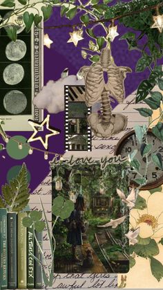 a collage of images with books, plants and pictures