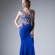 Fitted Jersey Gown With Floral Lace Applique And Illusion Tulle Back. Blue V-neck Mermaid Dress For Gala, Blue Fishtail Dress For Wedding, Blue V-neck Mermaid Dress For Prom, Blue Mermaid V-neck Dress For Prom, Elegant Blue Fishtail Evening Dress, Elegant Blue Mermaid Dress For Spring, Blue V-neck Mermaid Evening Dress, Elegant Blue Mermaid Hem Evening Dress, Royal Blue Mermaid Hem Dress