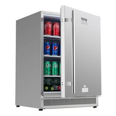 an open refrigerator with soda cans in it