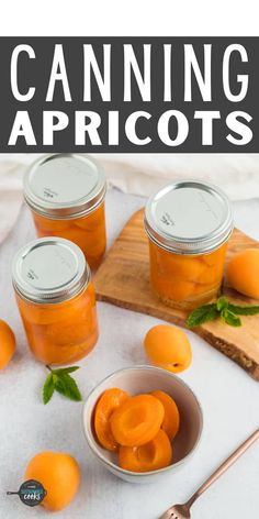 canning apricots in jars on a cutting board